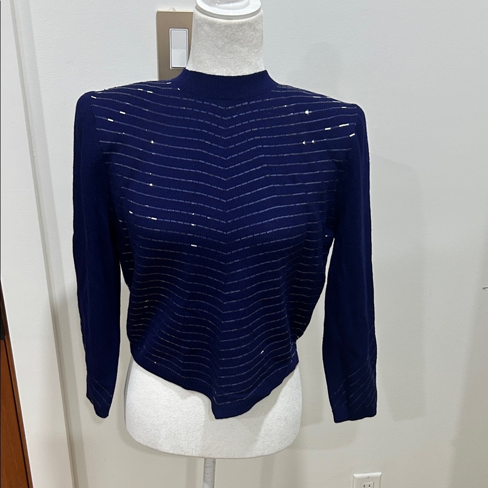 St. John Navy Blue Metallic-Striped Knit Sweater